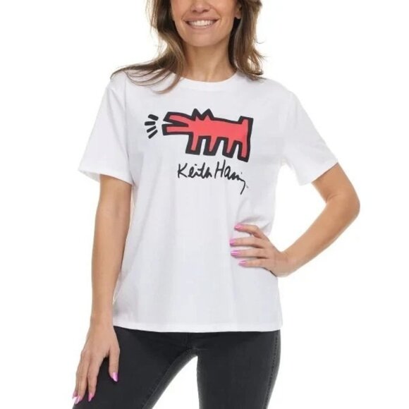 NEW Keith Haring Women's S T-Shirt Red Dog Graphic White Cotton Blend - Picture 1 of 10